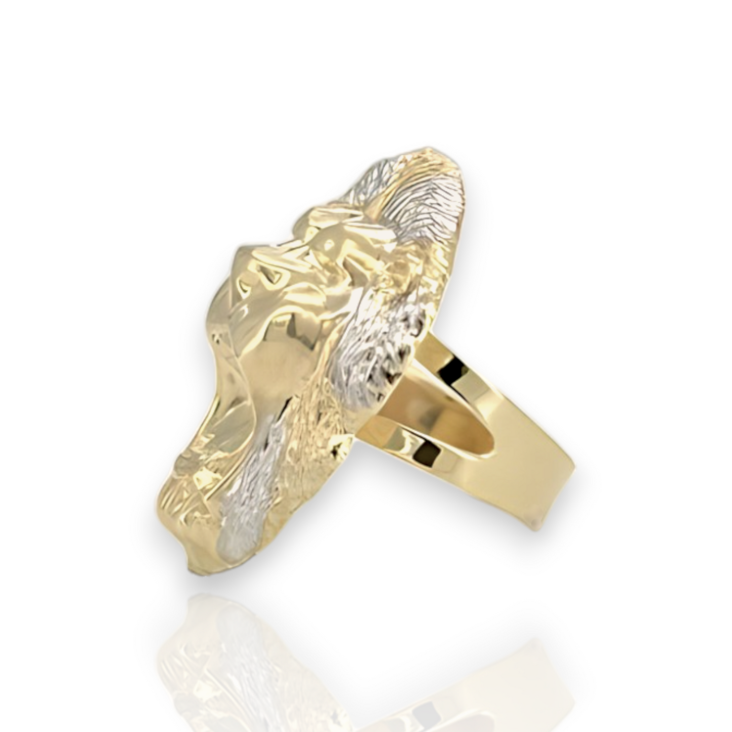 Screaming Large Lion Head Two Tone  Gold Ring  - 10K Yellow Pave