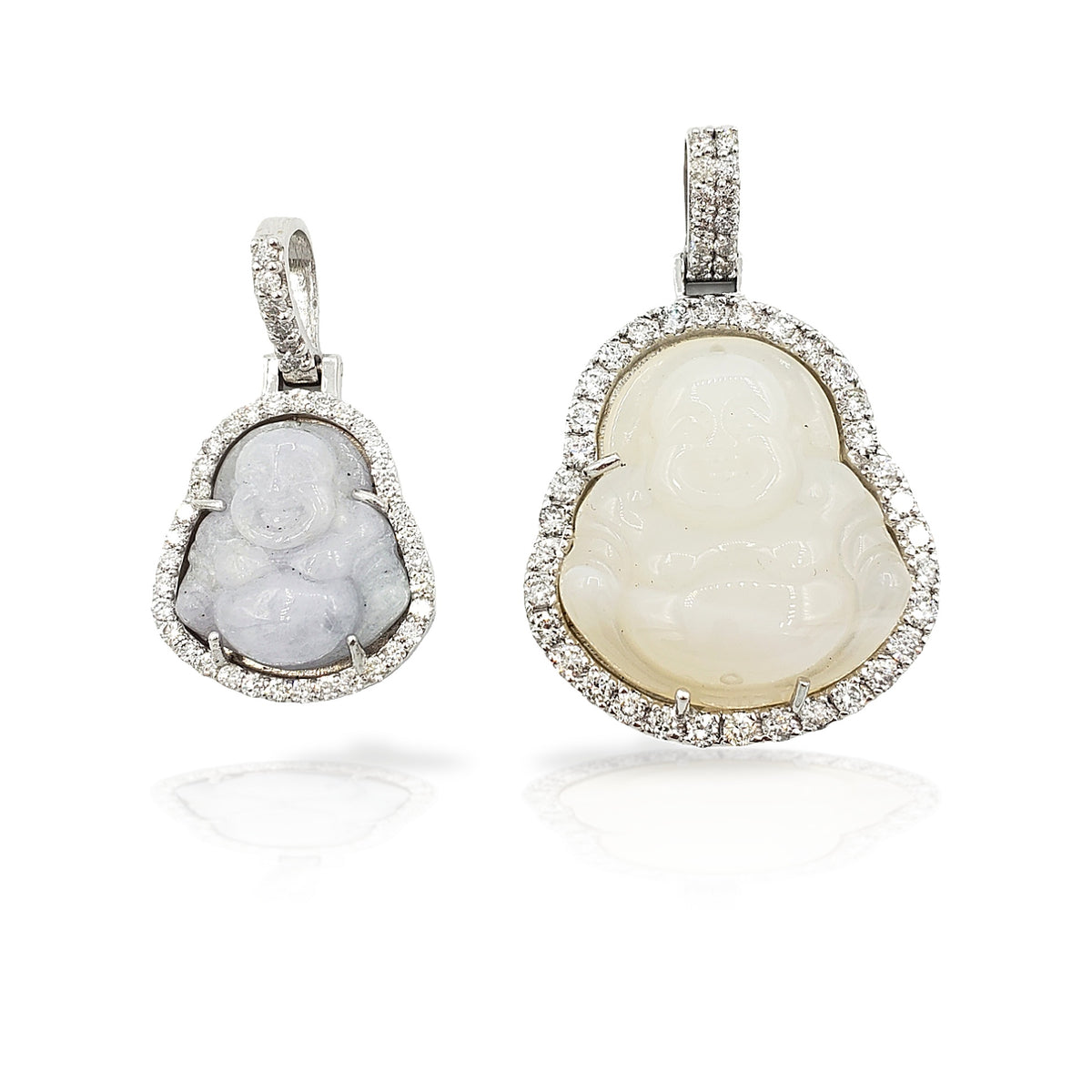 14K White Gold Diamond Buddha With White Jade
