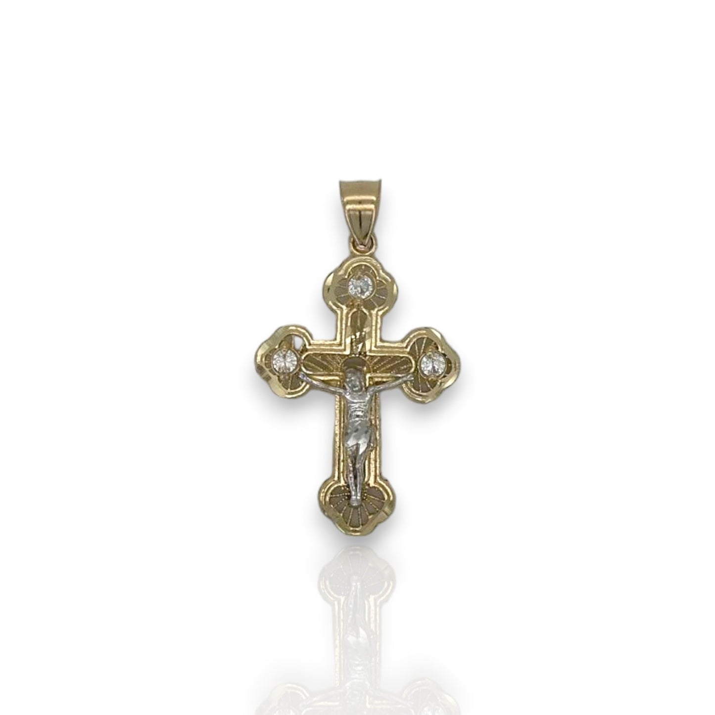 Cross Crucifix Two Tone Cz Pendant - 10k Yellow Gold