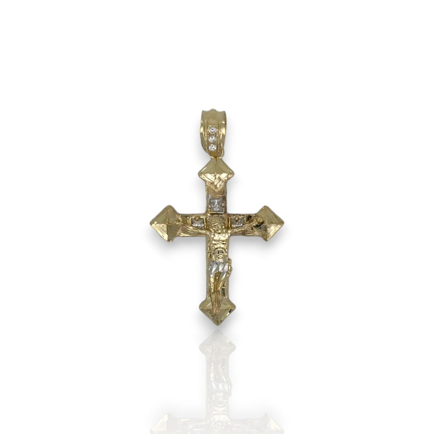 Cross Crucifix Two Tone Cz Pendant - 10k Yellow Gold