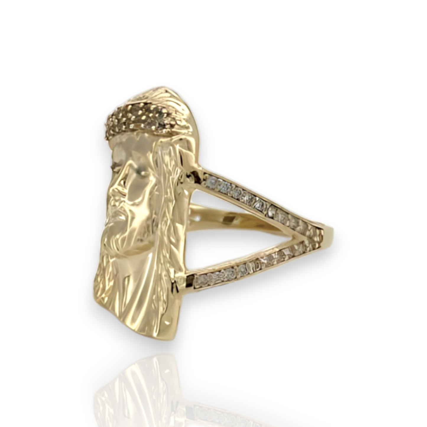 Anillo mediano con circonita cúbica y cabeza de Jesús - Oro amarillo de 10 quilates