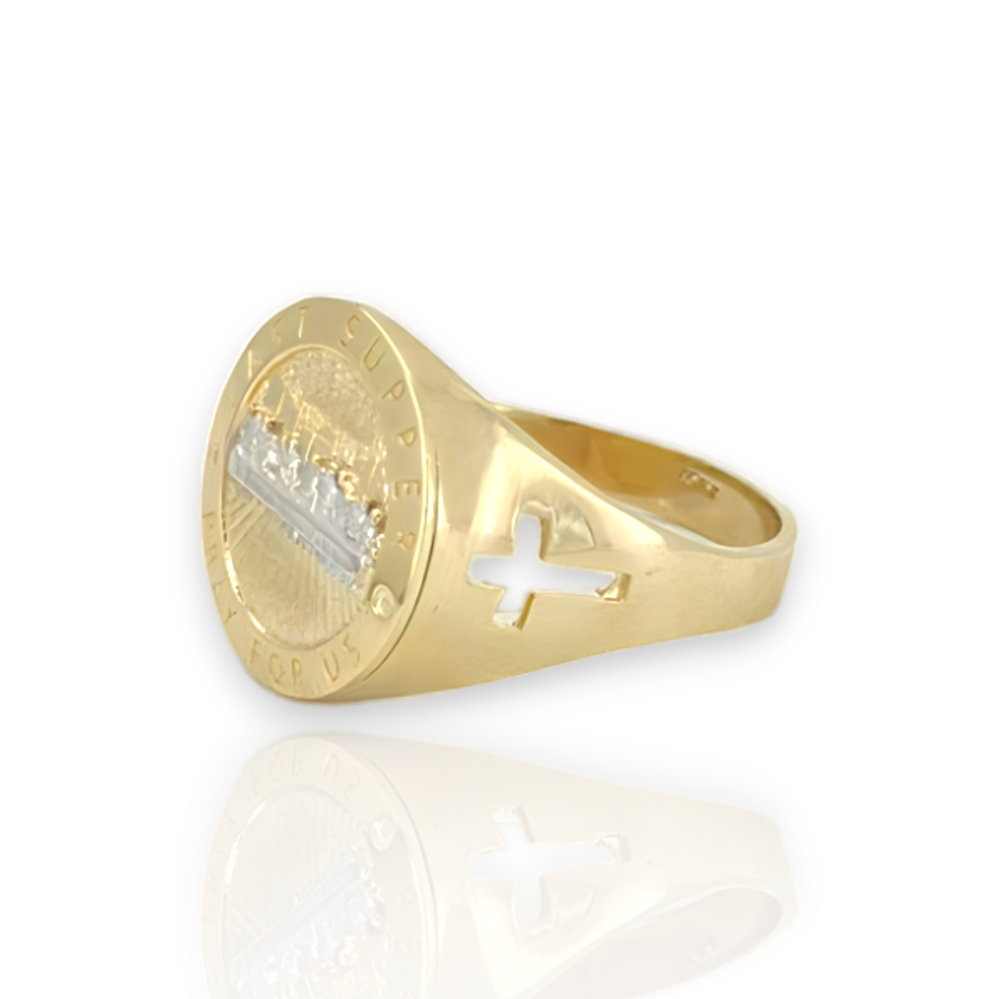 Anillo redondeado de dos tonos con talla de diamante de la Última Cena - Oro amarillo de 10 quilates