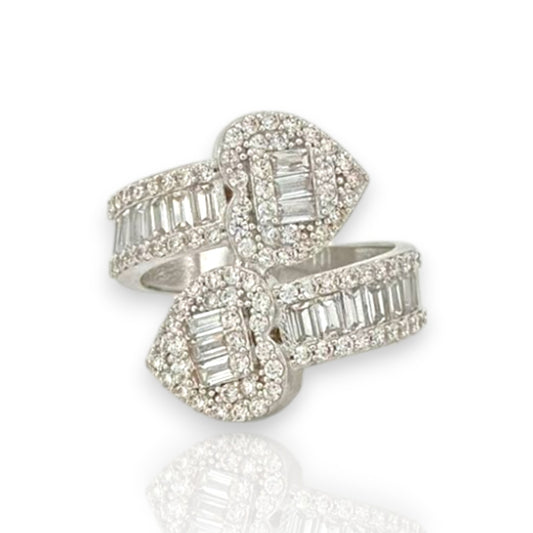Baguette and Round Cut Heart Wrap Ring With CZ - 10K White Gold