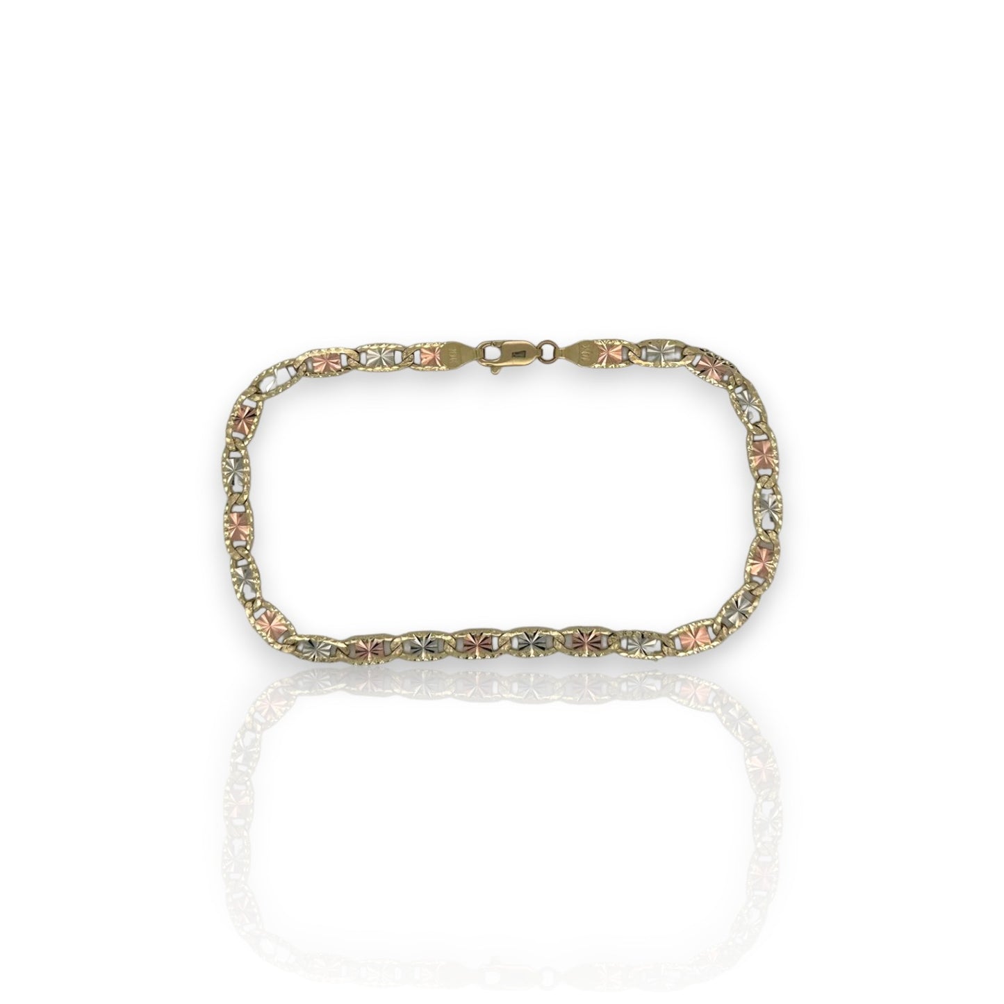 10K Fully Solid Valentino Tri Color Link Anklet - 10K Yellow Gold