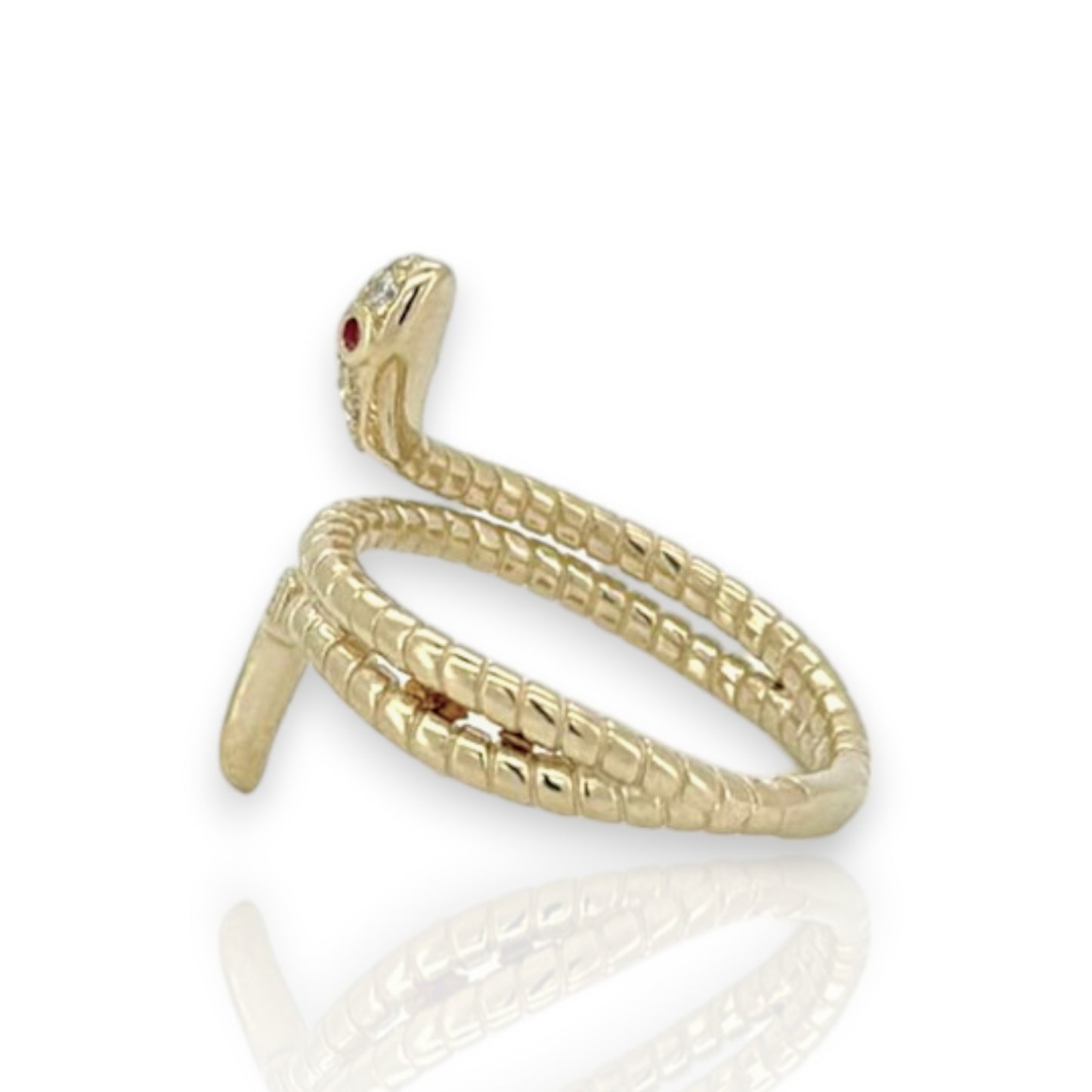 Snake with Pink Eyes CZ Ring - 10K Yellow Gold