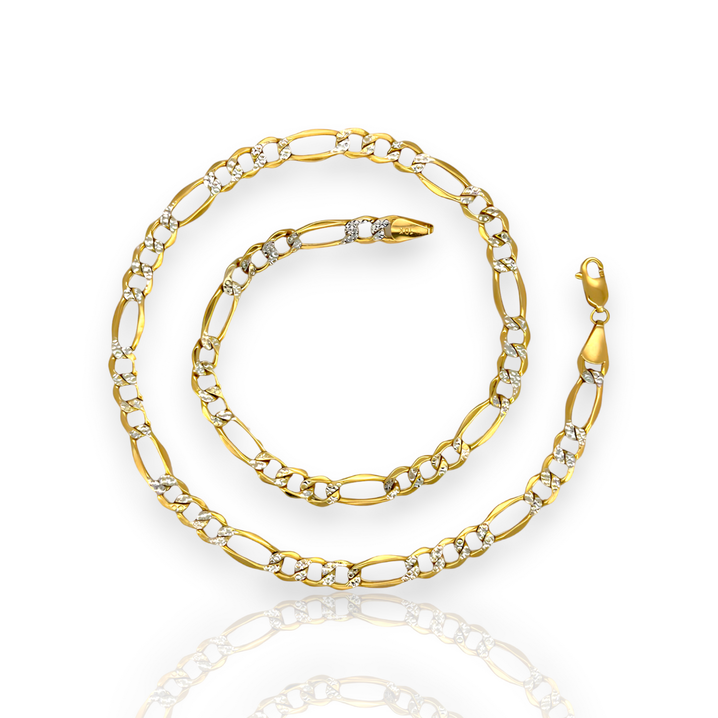 Figaro Two Tone Pave Link Chain Necklace - 14K Yellow Gold - Hollow