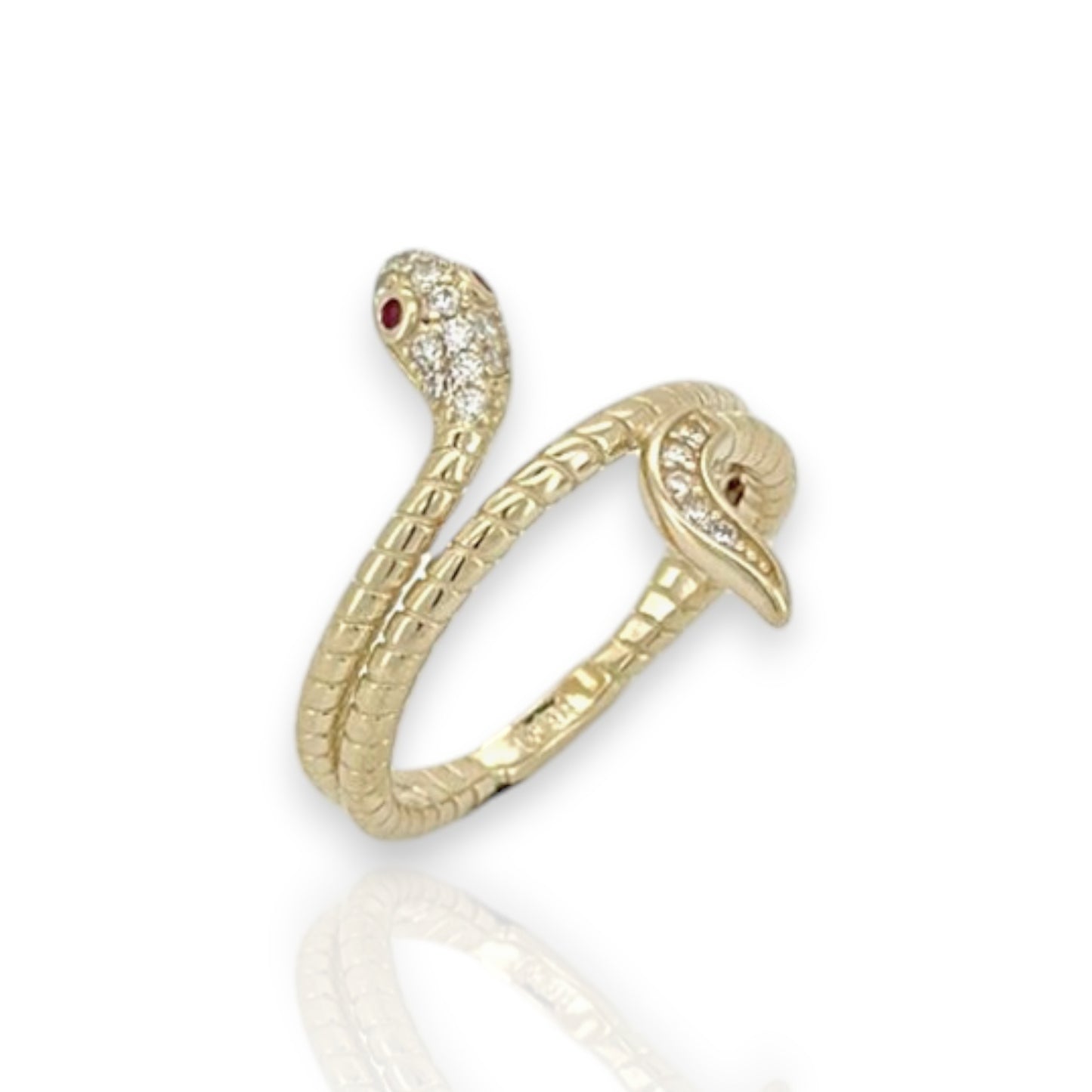 Snake with Pink Eyes CZ Ring - 10K Yellow Gold