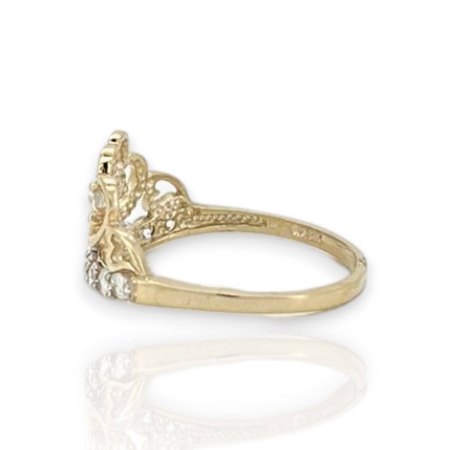 Anillo con circonita cúbica real en forma de corazón y besos de dos tonos - Oro amarillo de 10 quilates