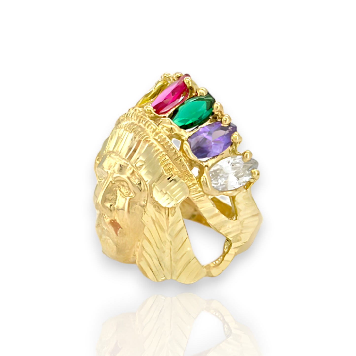 Large Indian Chief Rainbow CZ - 10K Yellow Gold - Solid
