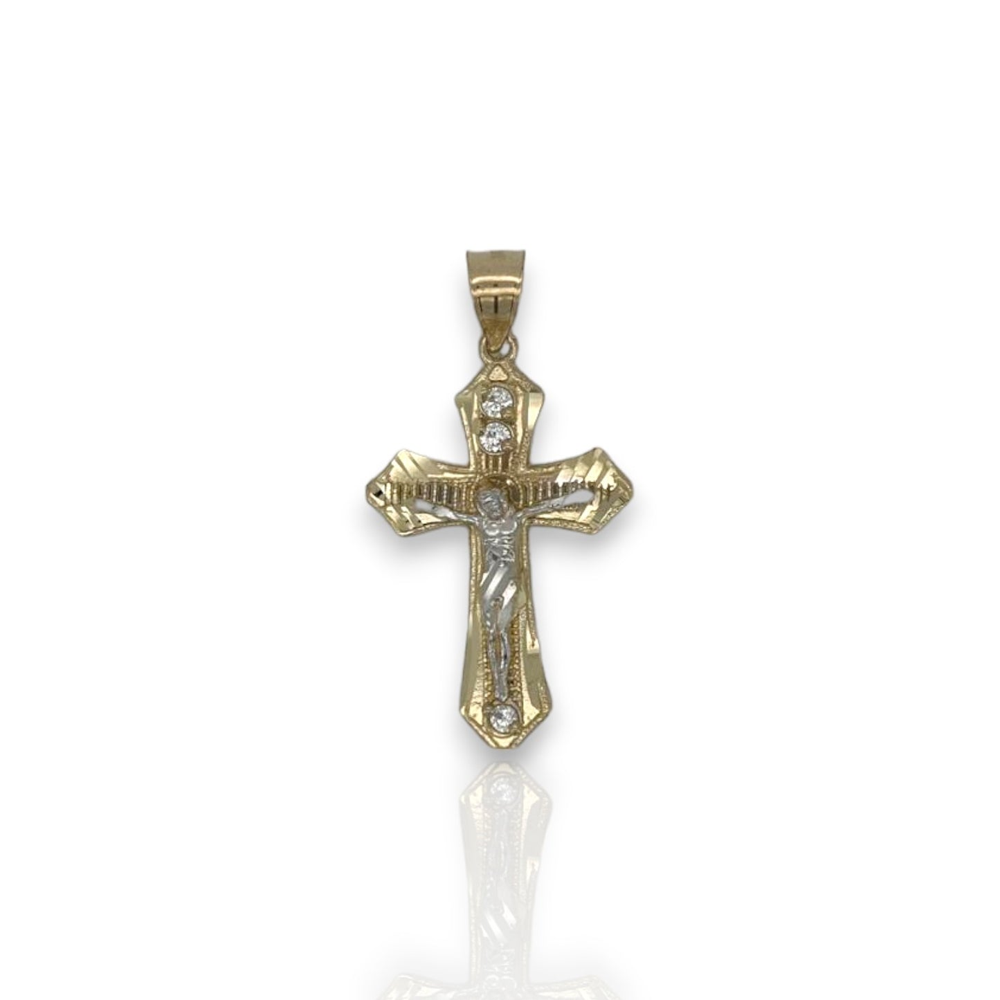 Cross Crucifix Two Tone Cz Pendant - 10k Yellow Gold