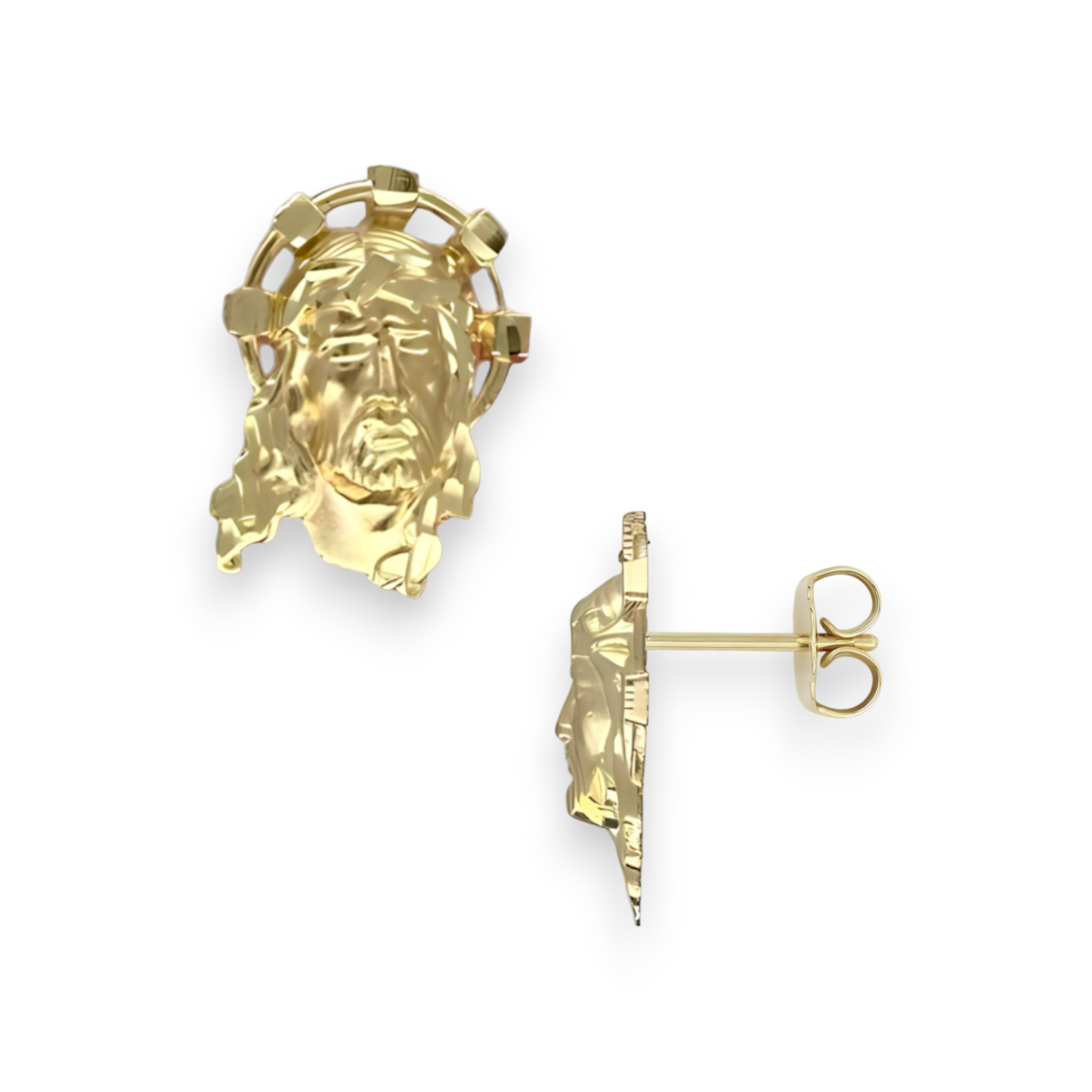 Textured Detailed Jesus Head Stud Earrings Solid - 10K Yellow Gold