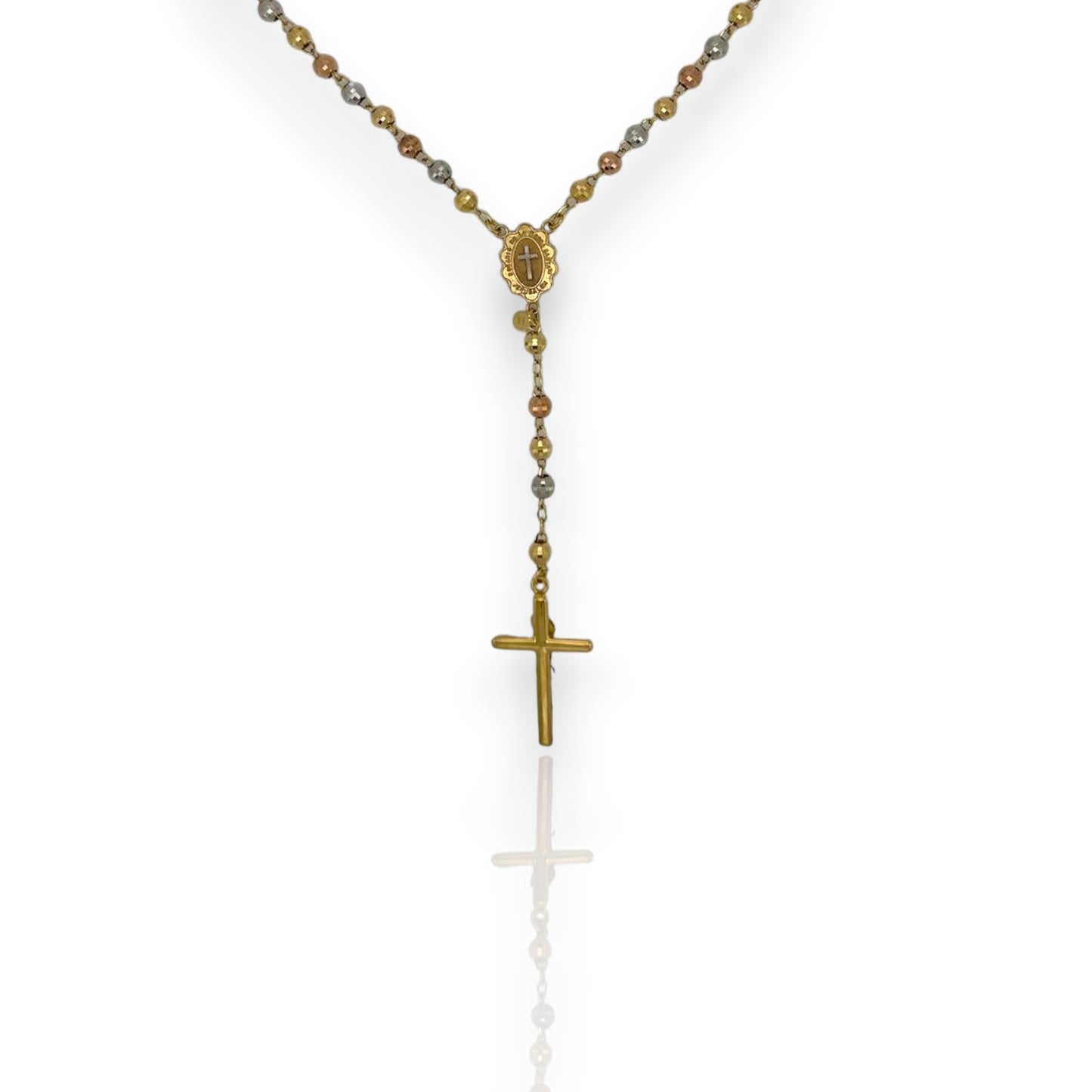 Diamond-Cut Cross Rosary Crucifix Chain Necklace 10K Tri-Color Gold
