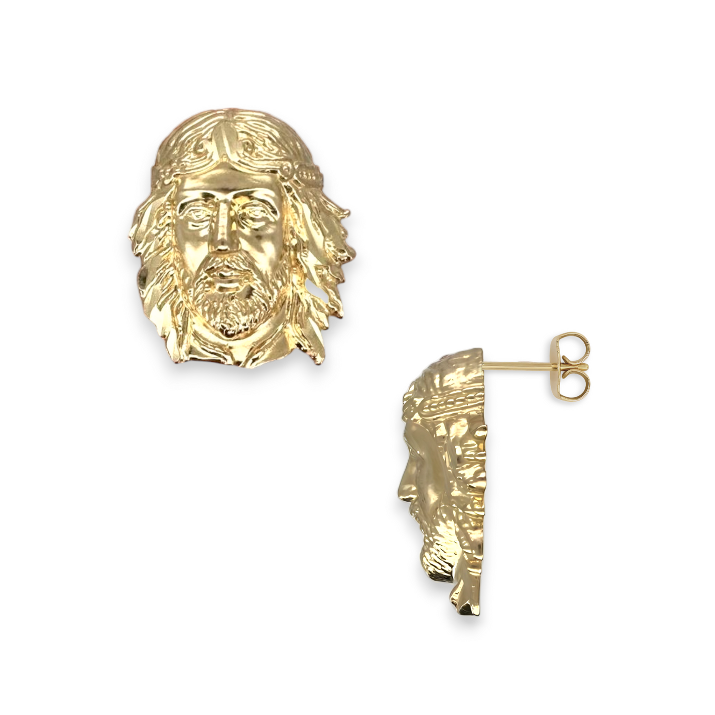 Textured Detailed Jesus Head Stud Earrings Solid - 10K Yellow Gold
