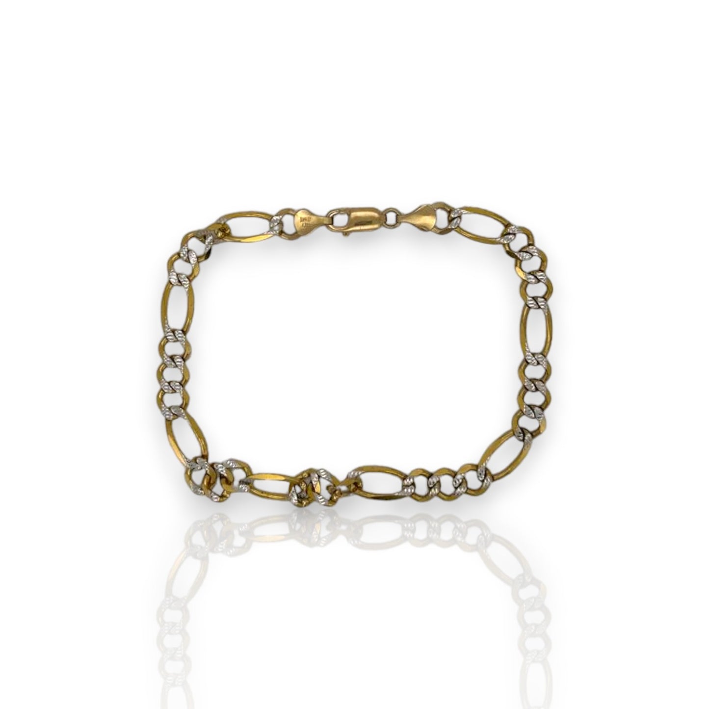 10K Fully Solid Figaro Two Tone Link Anklet - 10K Yellow Gold