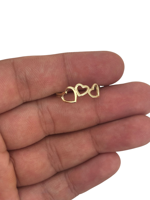 10K Yellow Gold Triple Heart Ring – Dainty & Elegant Solid Gold Heart Band for Women