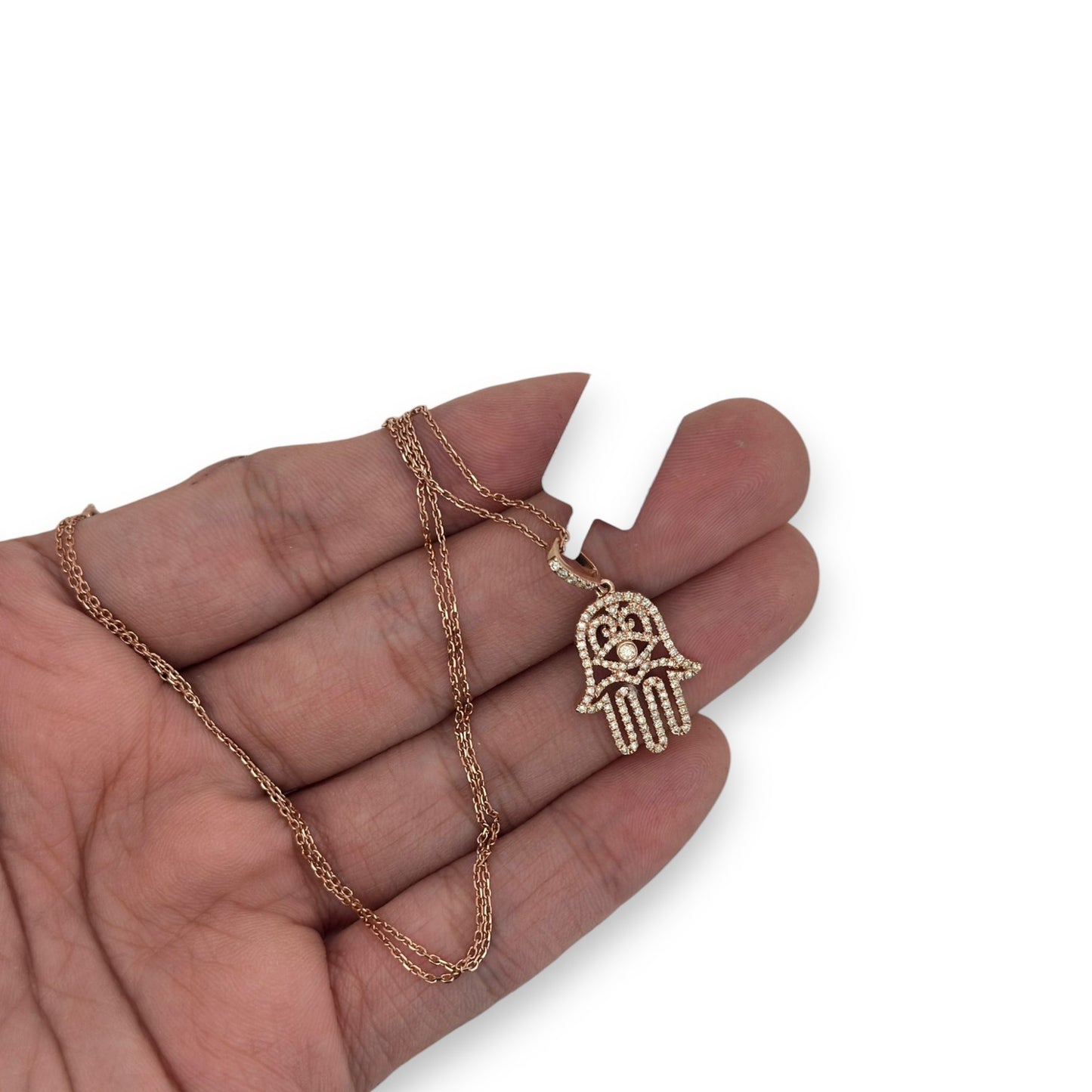 Hamsa Diamond Pendant With Cable Chain - 14K Rose Gold