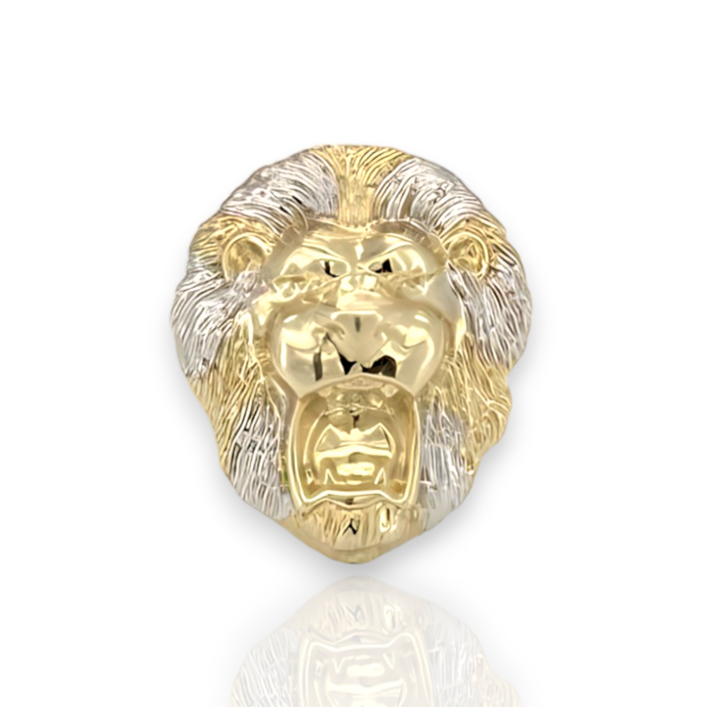 Screaming Large Lion Head Two Tone  Gold Ring  - 10K Yellow Pave