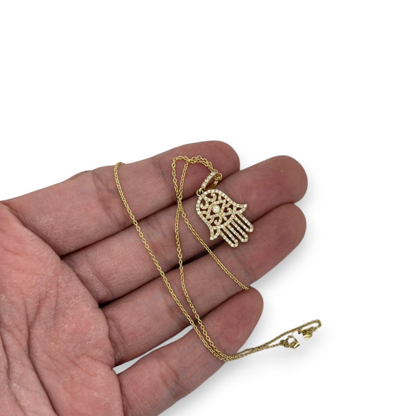 Hamsa Diamond Pendant With Cable Chain - 14K Yellow Gold