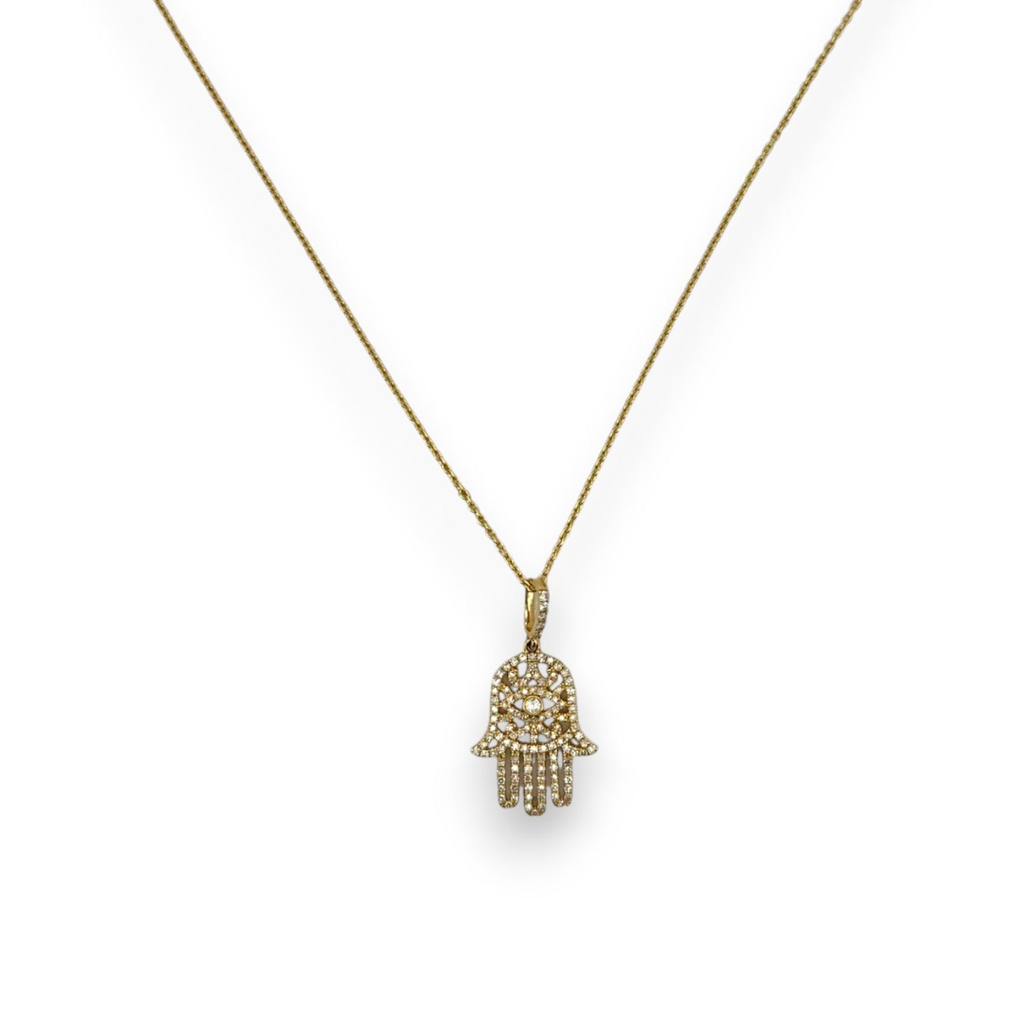 Hamsa Diamond Pendant With Cable Chain - 14K Yellow Gold