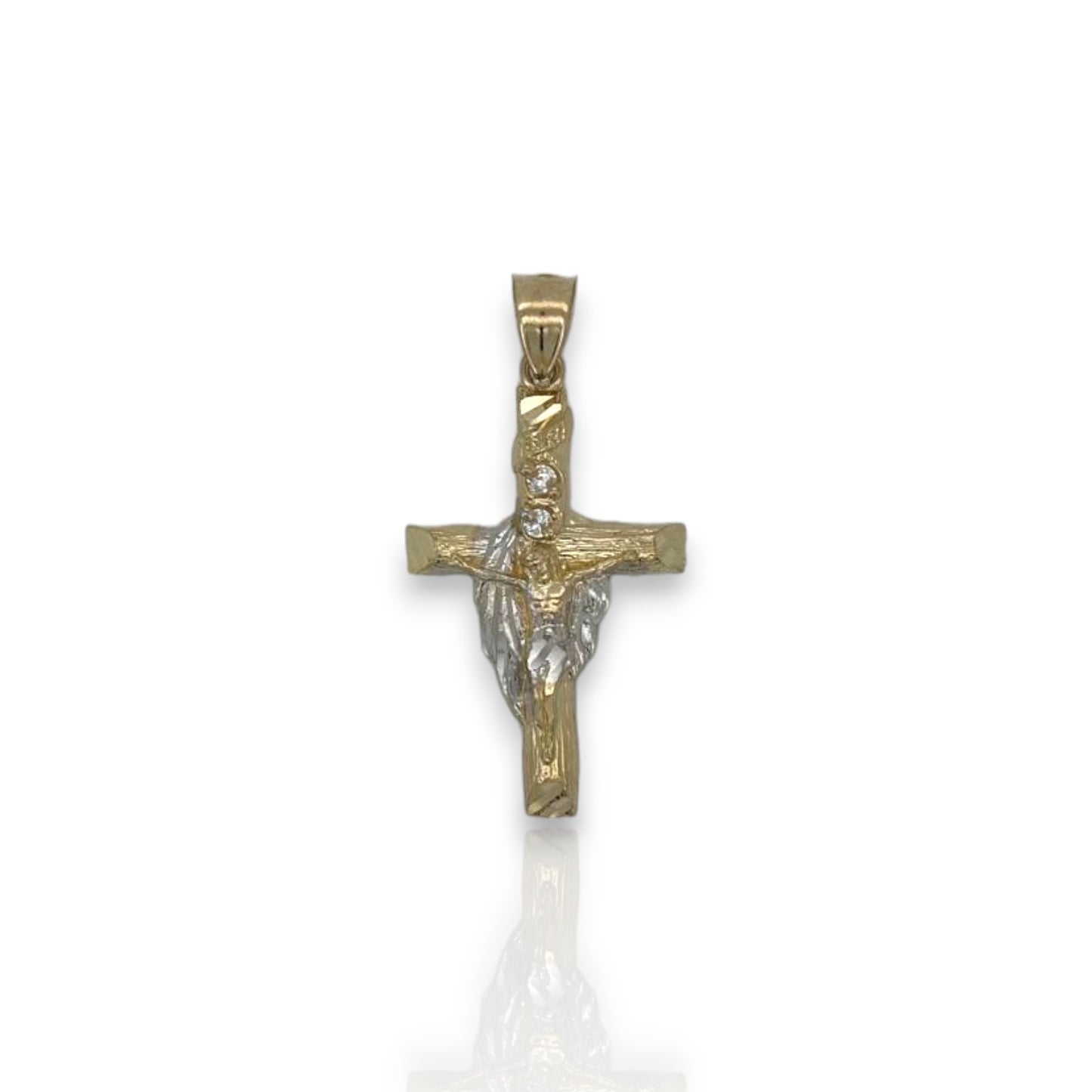 Cross Crucifix Two Tone Cz Pendant - 10k Yellow Gold