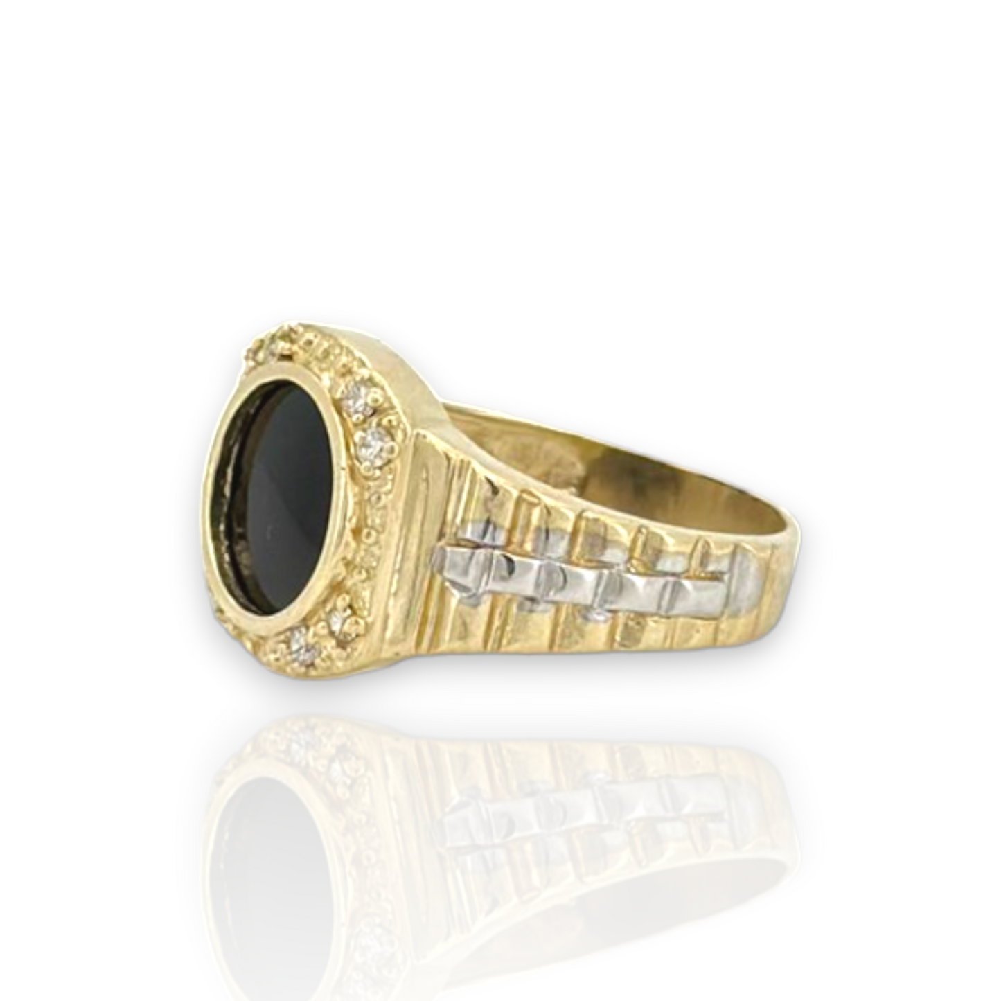 Anillo con sello de ónix negro y circonita redonda de ferrocarril - Oro amarillo de 10 quilates