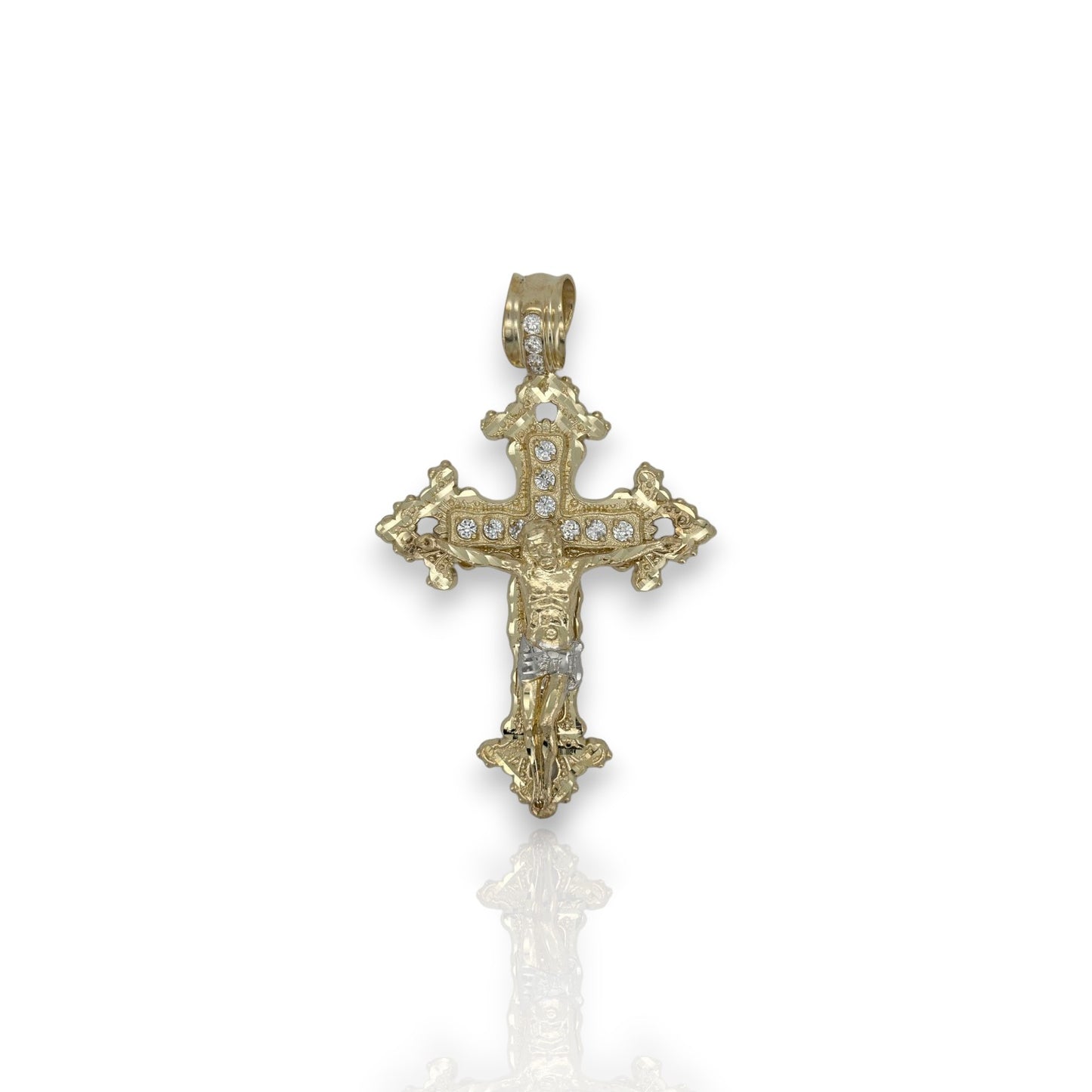 Cross Crucifix Cz Two Tone Pendant - 10k Yellow Gold