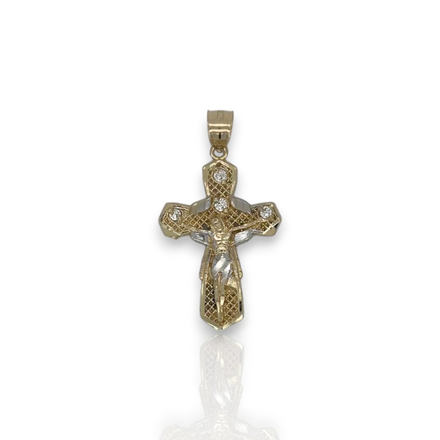 Cross Crucifix Two Tone Cz Pendant - 10k Yellow Gold