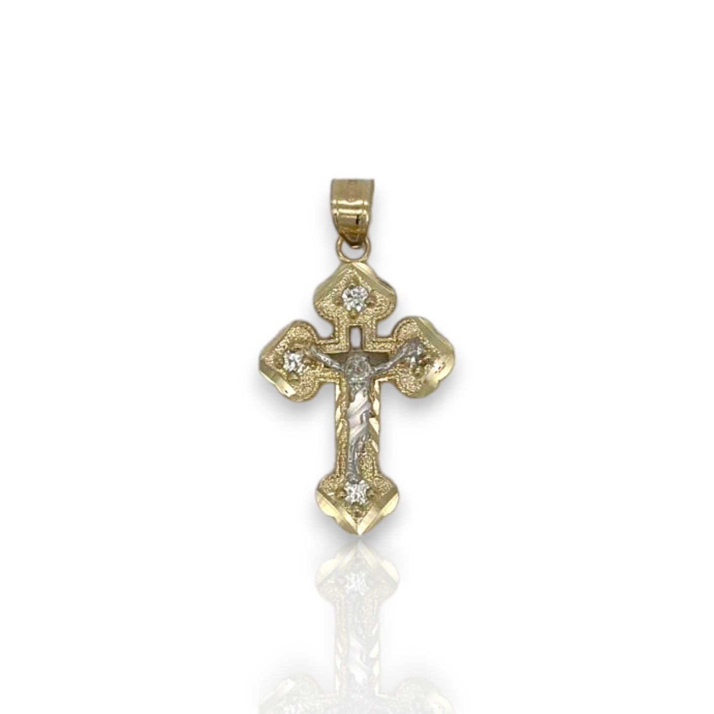 Cross Crucifix Two Tone Cz Pendant - 10k Yellow Gold
