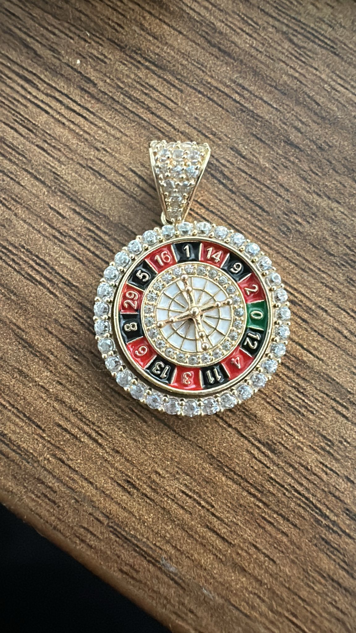 10K Yellow Gold -Spinning Roulette With CZ Casino Pendant