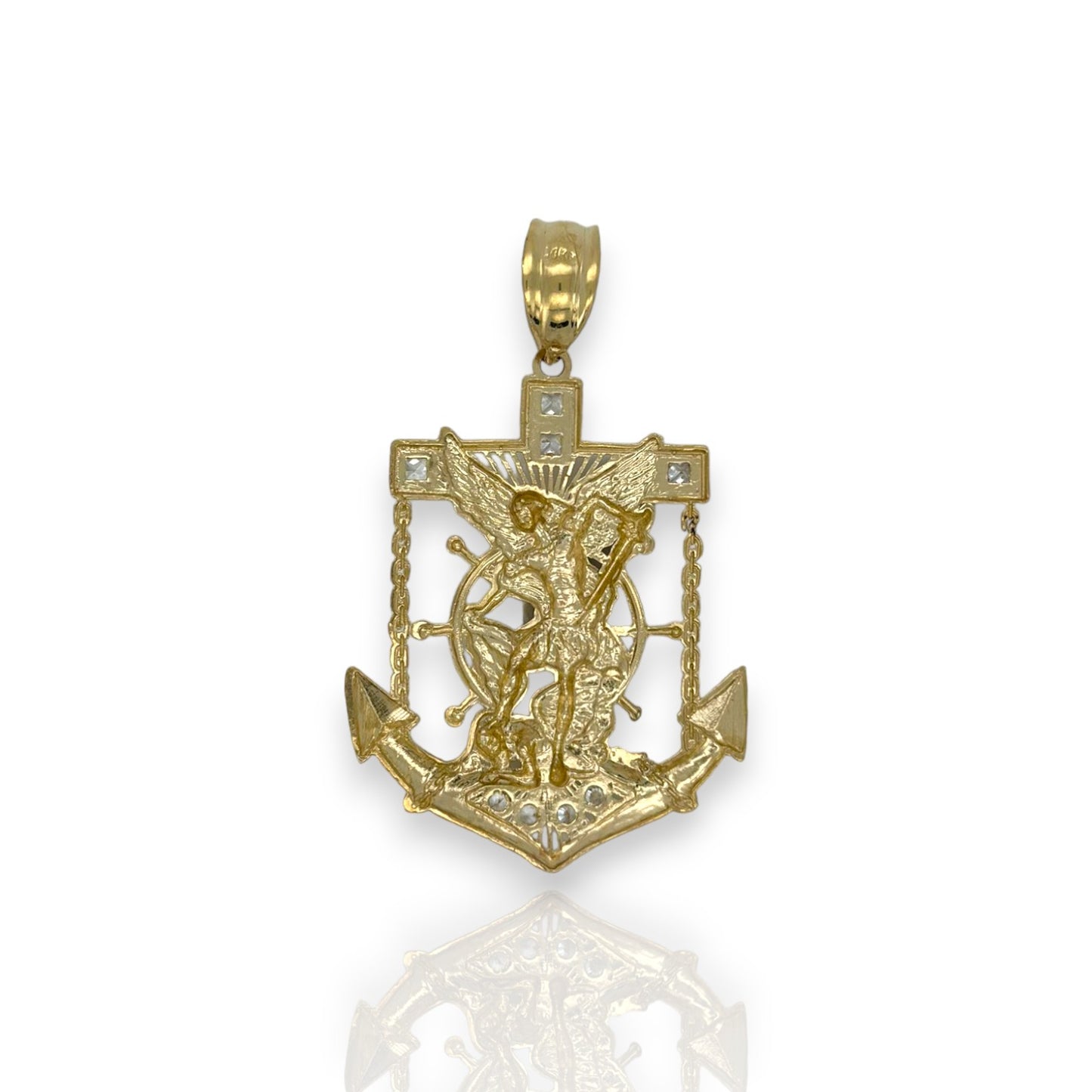 St Michael Two Tone Anchor Pendant CZ - 10k Yellow Gold