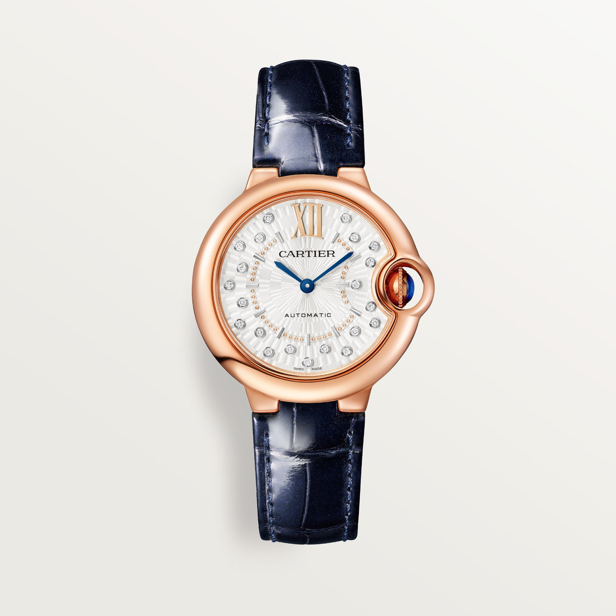 Cartier Ballon Bleu de Cartier WGBB0052 - 33 mm Rose gold, Matt silvered sunray with 21 diamonds (0.10 ct) Dial, Blue alligator leather strap
