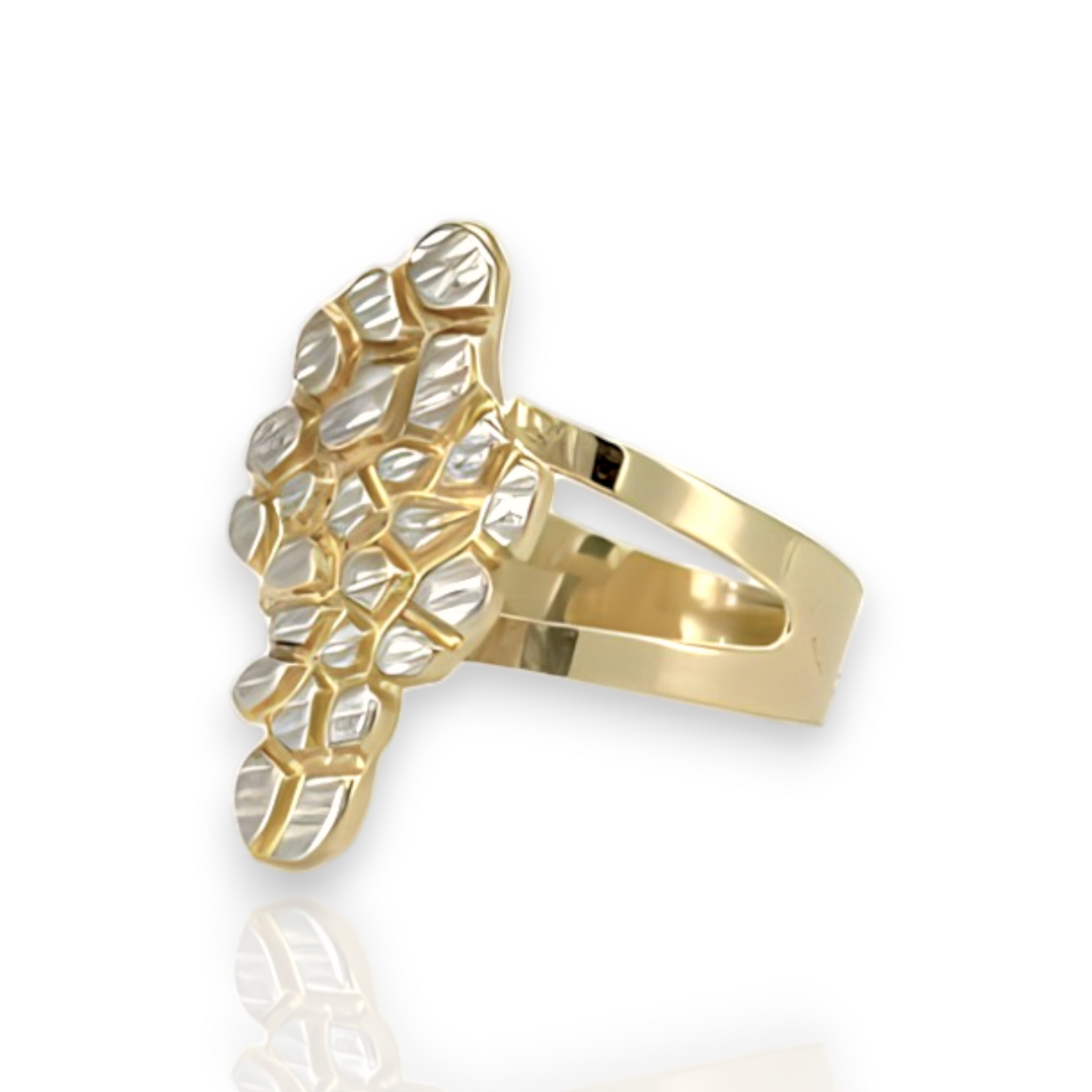 Large Textured Two-Tone Nugget Square Ring - 10K Yellow Pave