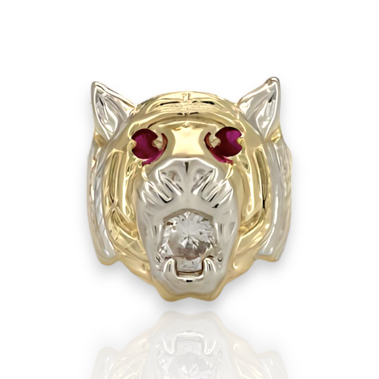 Textured Tiger Head Ruby Eyes CZ Yellow Gold Ring  - 10K Yellow Pave