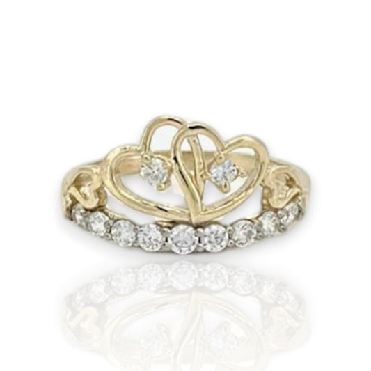 Two-Tone Heart & Kisses CZ Ring Real - 10K Yellow Gold