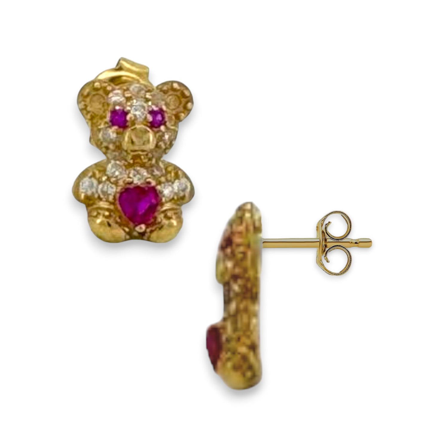 Teddy Bear Cz Earrings - 10K Yellow Gold