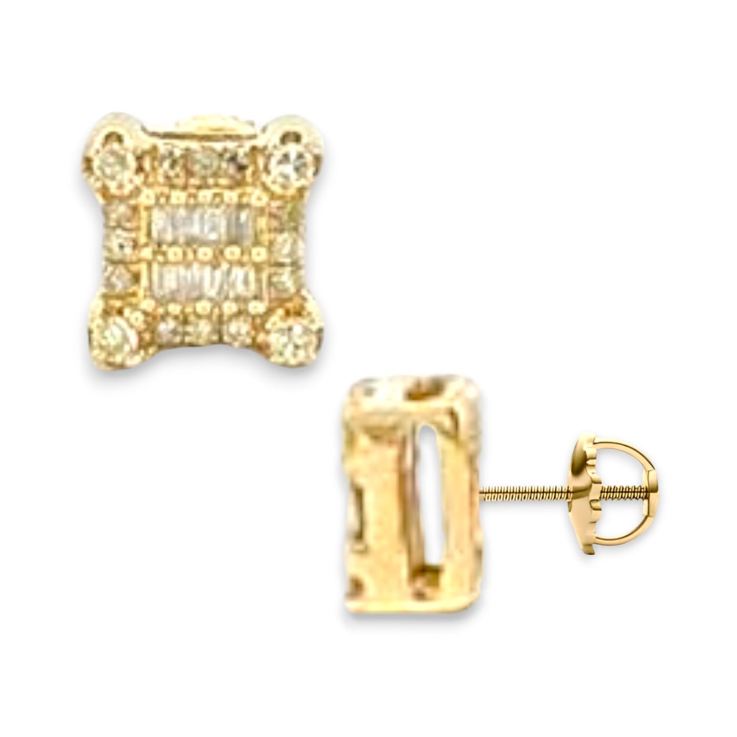 0.55ct Diamond Baguette and Round Stud Earrings - 14k Yellow Gold
