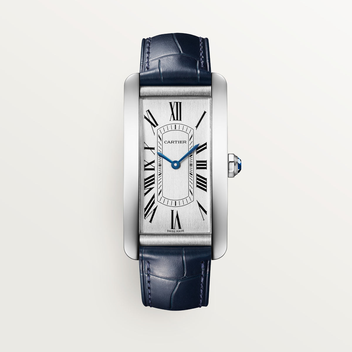 Cartier Tank Américaine WSTA0083 - Large model Steel, Silvered satin-brushed Dial, Semi-matte navy blue alligator-skin strap