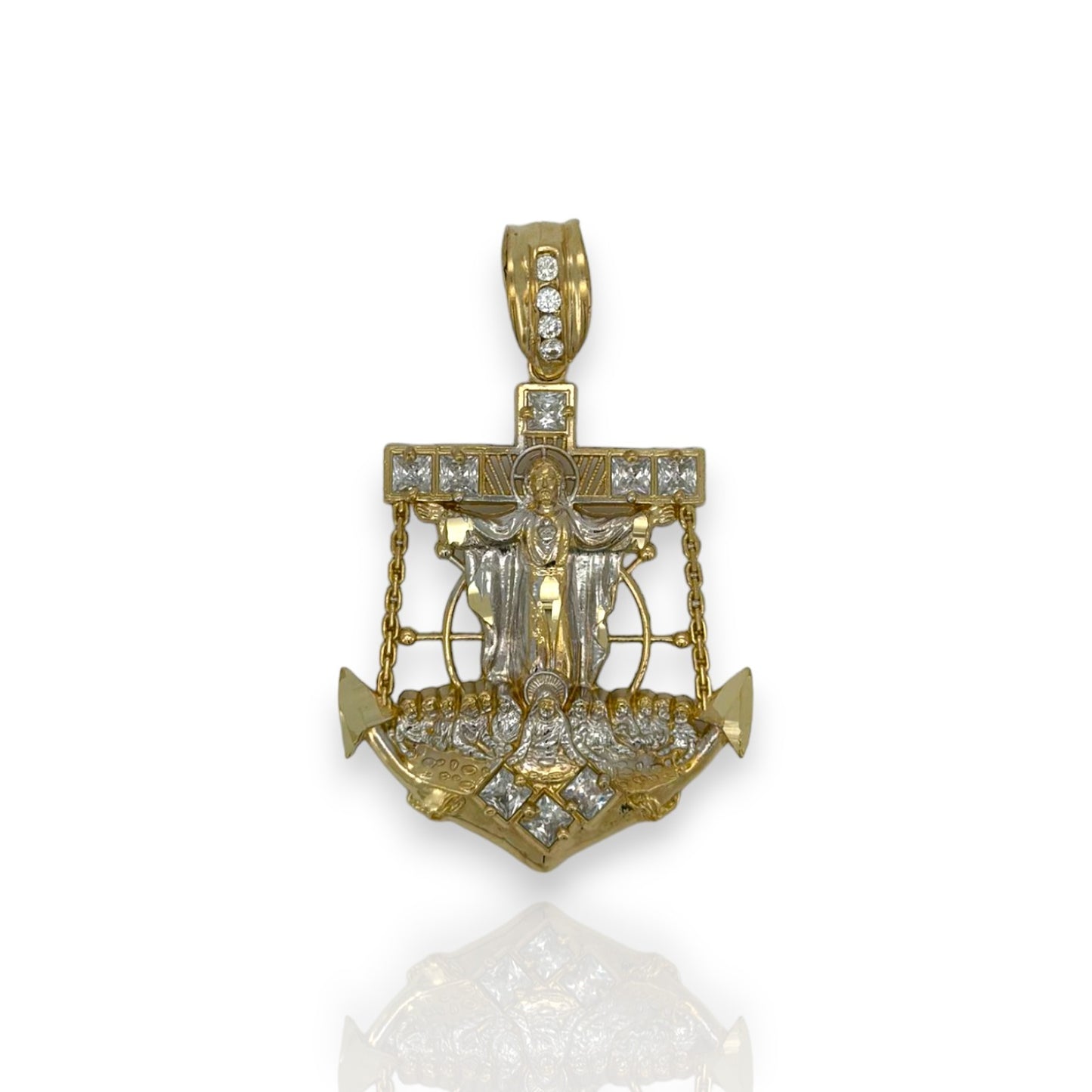 Colgante de ancla de dos tonos de Jesús con circonita cúbica - Oro amarillo de 10 k