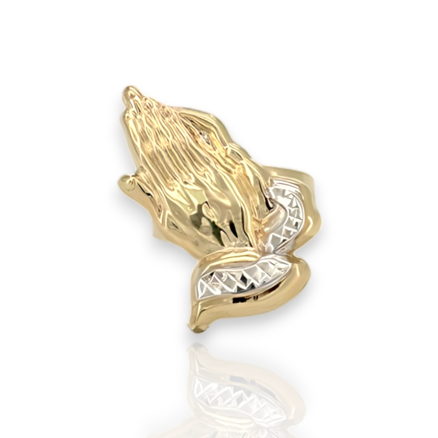 Anillo grande con manos en oración - Pavé amarillo de 10 quilates