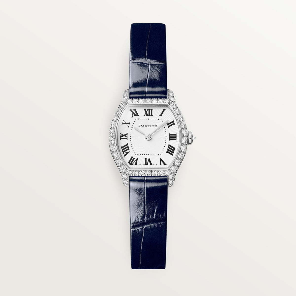 Cartier Tortue Watch WJTO0013 - Mini model Rhodiumized 18K white gold, White Dial, Navy shiny alligator leather strap