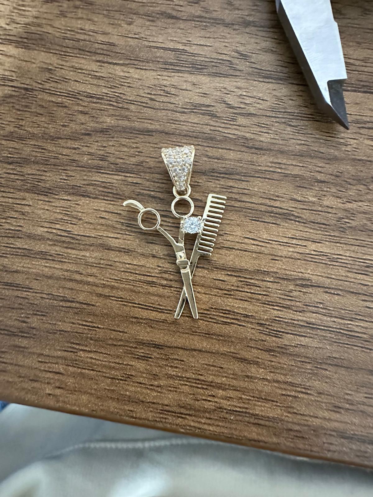 14K Yellow Gold - Barber Scissors Comb Cubic Zirconia Pendant