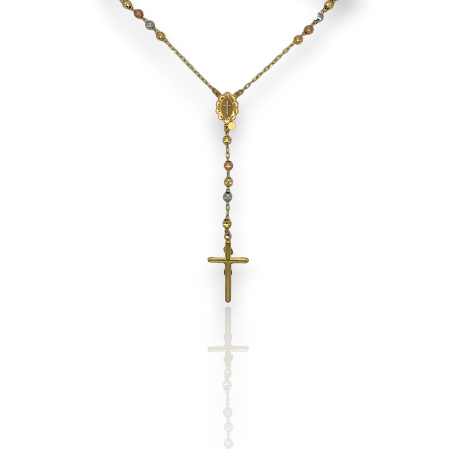 Diamond-Cut Cross Rosary Crucifix Chain Necklace 10K Tri-Color Gold