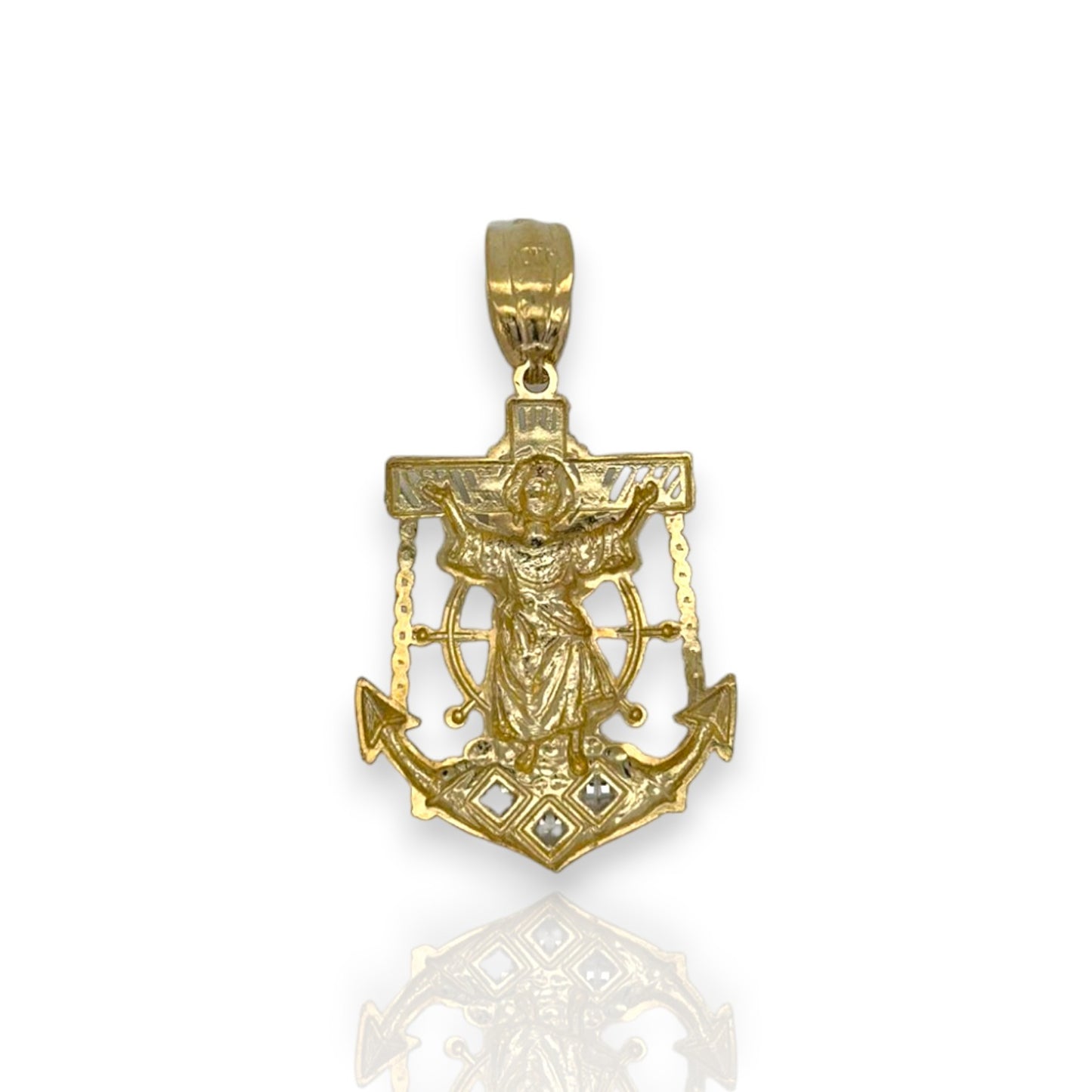 Divino Niño Jesús Colgante de Ancla de Dos Tonos CZ - Oro amarillo de 10 k