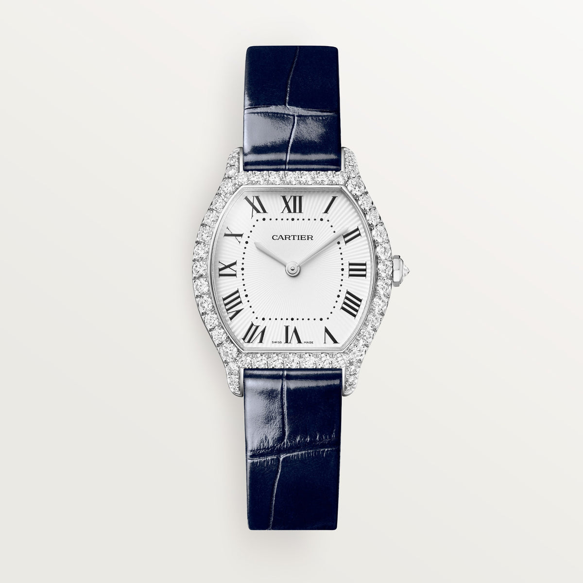 Cartier Tortue WJTO0014 - Small model Rhodiumized 18K white gold, White Dial, Shiny navy blue alligator leather strap