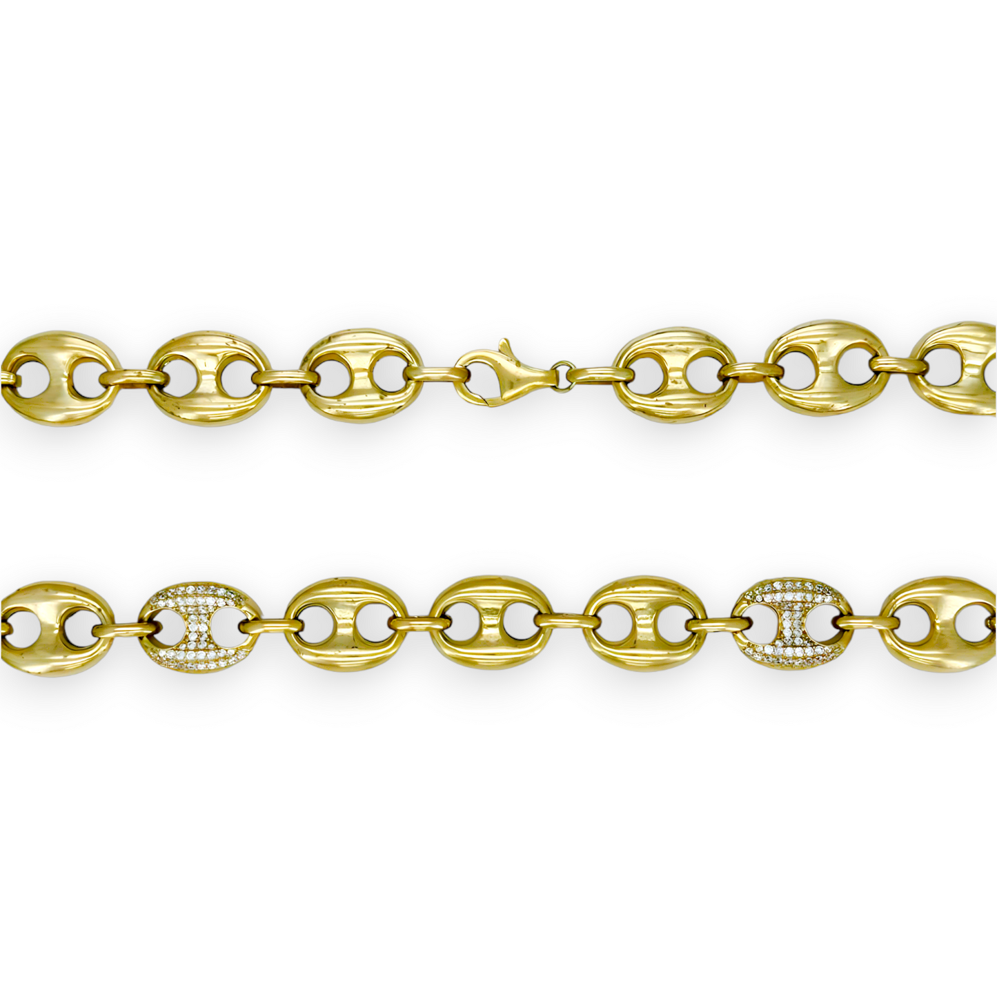 Puffed Mariner Anchor Link With Cubic Zirconia CZ Chain Necklace - 10K Yellow Gold - Hollow