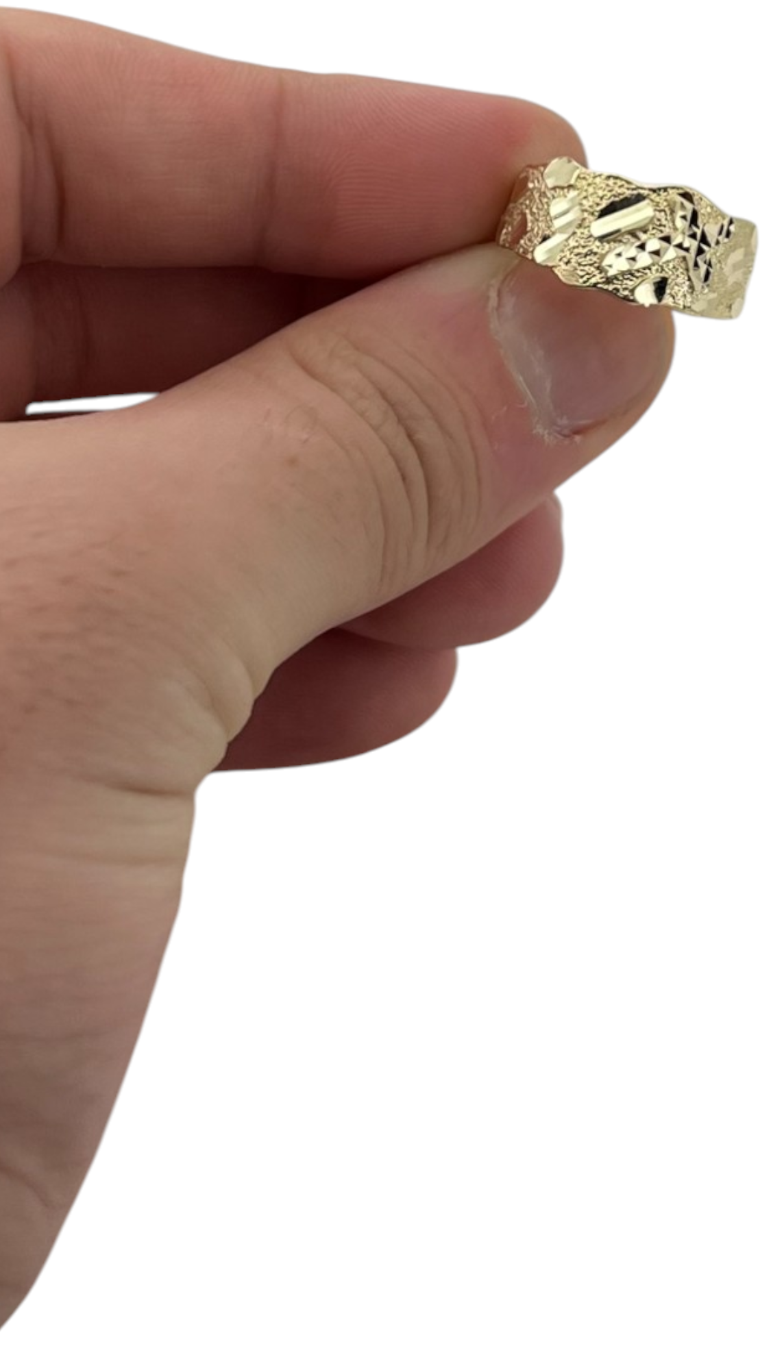 10K Yellow Gold Nugget Ring with Diamond-Cut Slanted Cross - Religious Ring