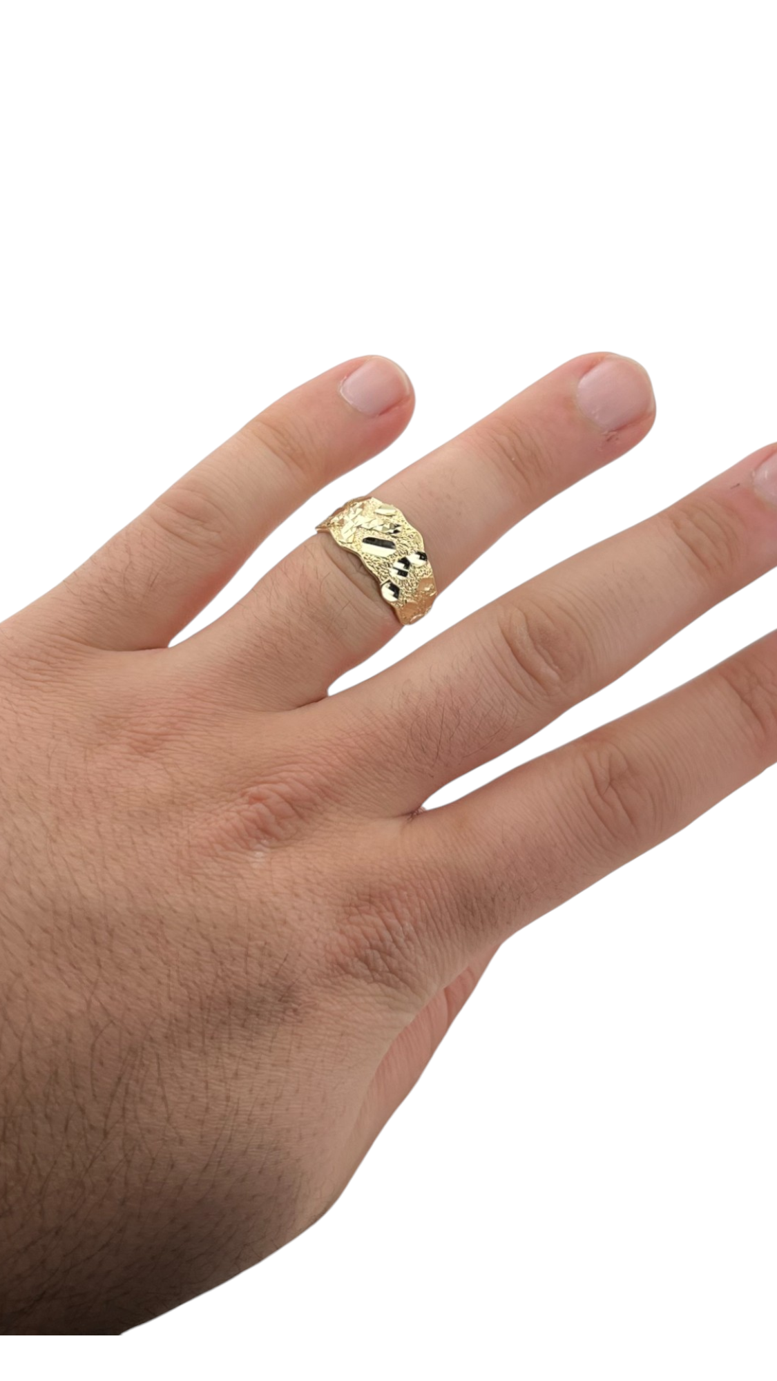 10K Yellow Gold Nugget Ring with Diamond-Cut Slanted Cross - Religious Ring