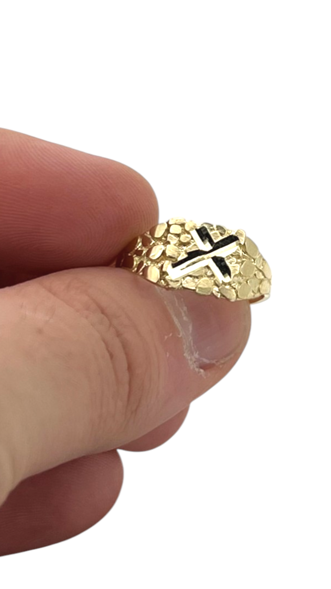 10K Yellow Gold Nugget Ring with Diamond-Cut Slanted Cross - Religious Ring