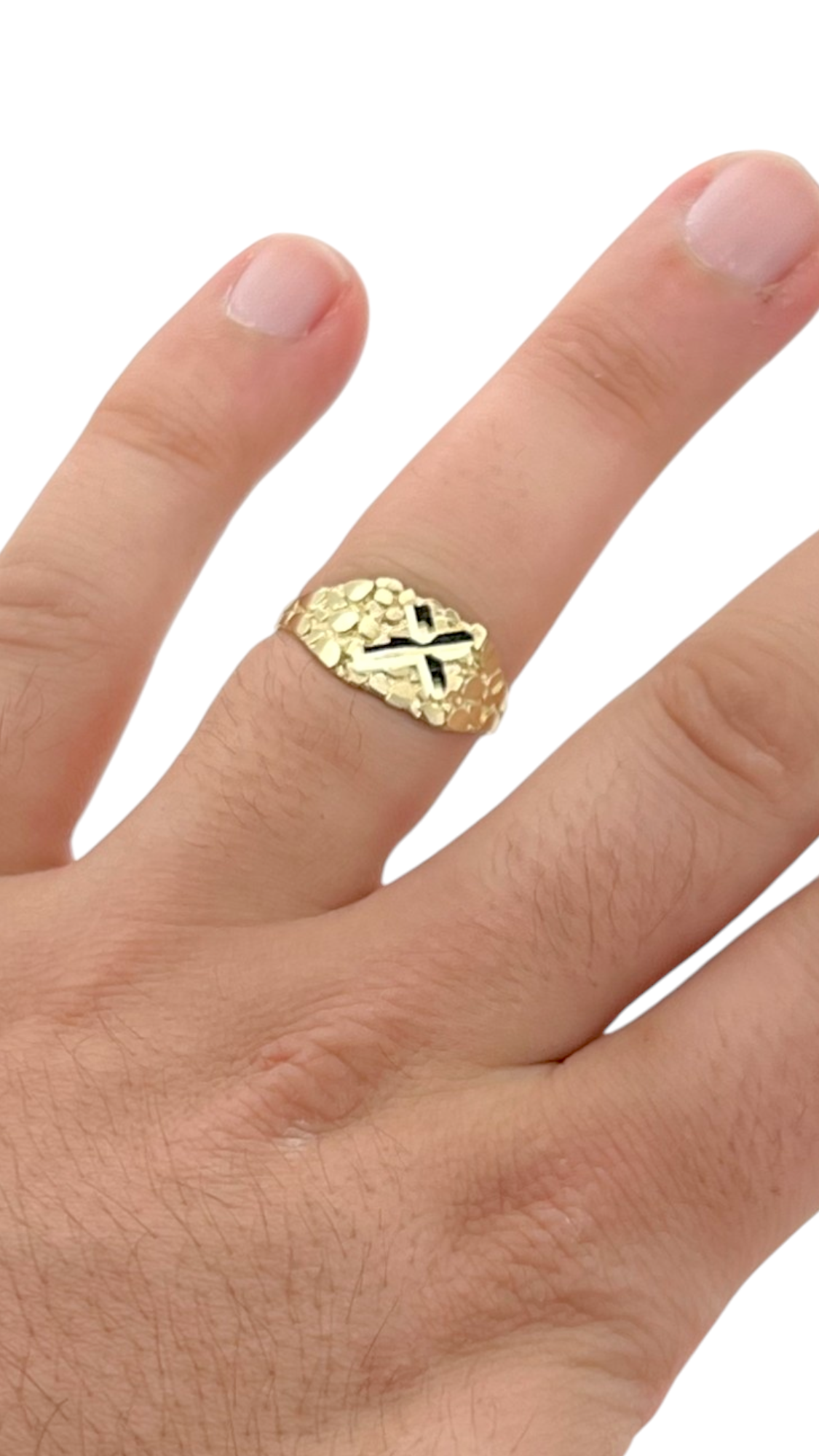 10K Yellow Gold Nugget Ring with Diamond-Cut Slanted Cross - Religious Ring