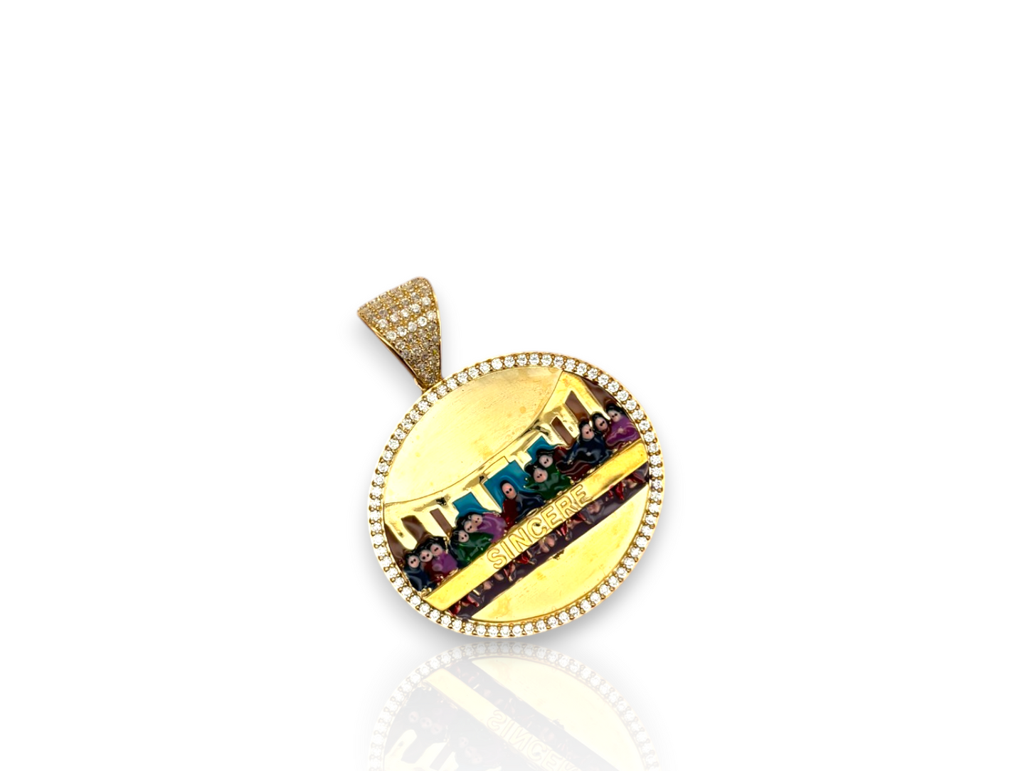 10K Yellow Gold Apostles Last Supper Charm/Pendant, Authentic, Textured Jesus Cross with Disciples Faith, Diamond Cut - Multicolor